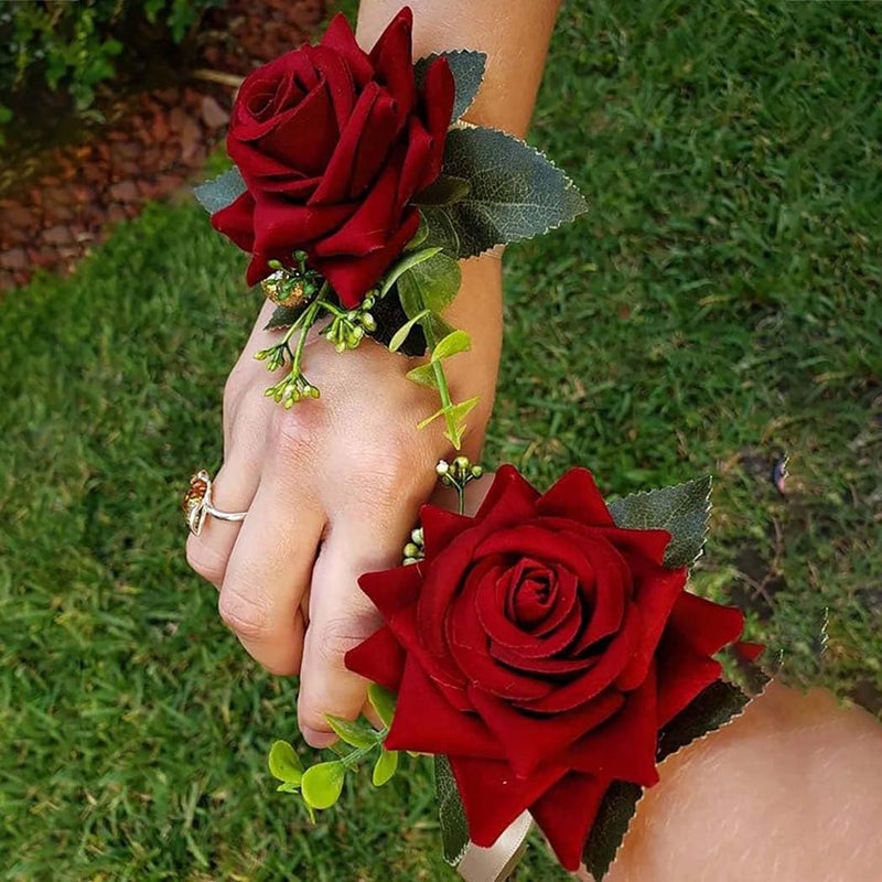 Campsis Red Rose Wrist Corsage, Gold-Accented Artificial Flowers with Satin Ribbon, Wedding and Prom Formal Wear - Image 3